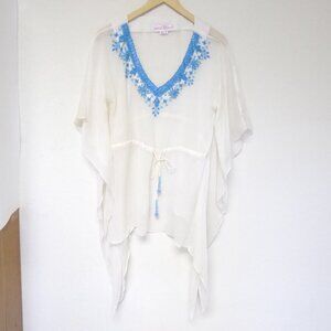 Monique Leshman sheer white and turquoise stone beaded boho tunic top size M